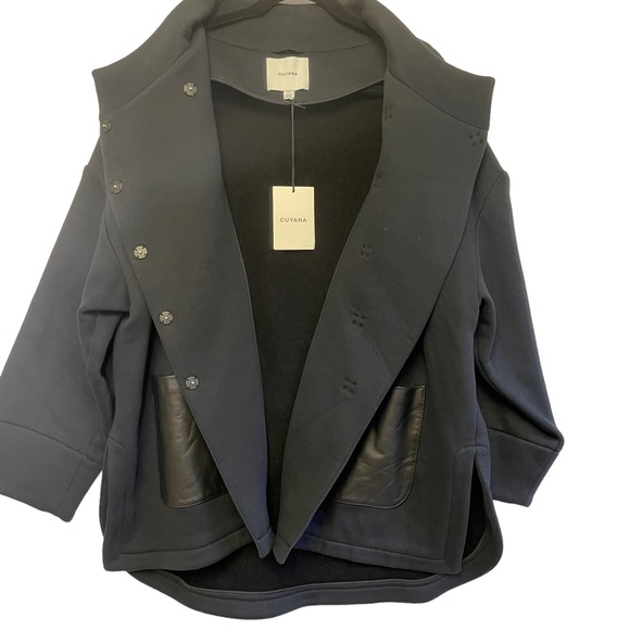 Cuyana Fleece High-Low Jacket with Patch Leather Pockets Black Size Large - Picture 4 of 9